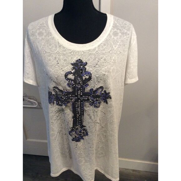 Wrangler Rock 47 XXL Cross Rhinestone Tee Lace Print Western Cowgirl Bikercore - Picture 4 of 6